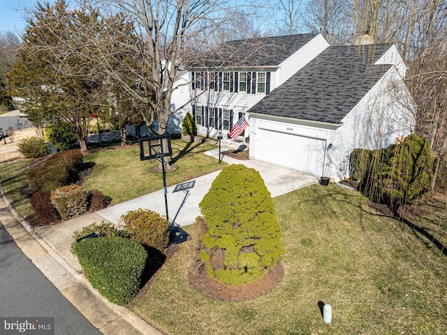 view of front of house with a front lawn, driveway, a garage, and roof with shingles