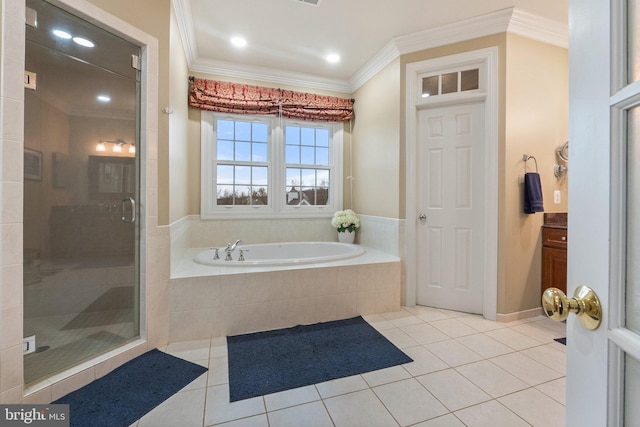 full bath with a bath, a shower stall, tile patterned floors, and crown molding