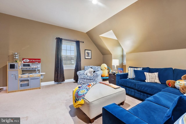 living area featuring lofted ceiling, baseboards, and light carpet