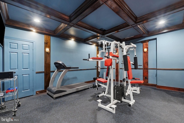 exercise room featuring recessed lighting, coffered ceiling, baseboards, and ornamental molding