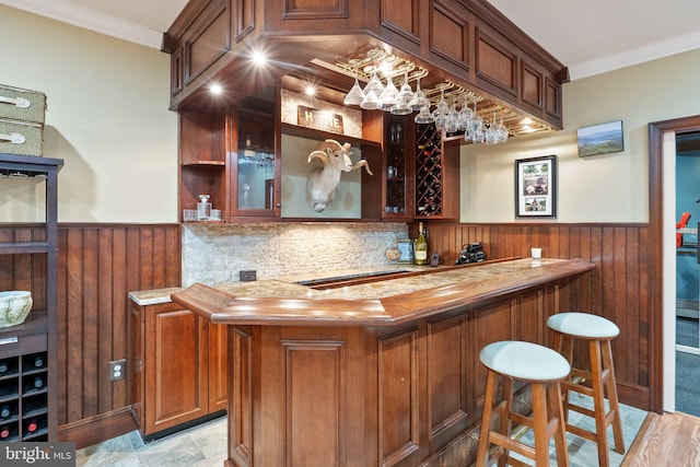 bar featuring wainscoting, bar area, crown molding, and wood walls