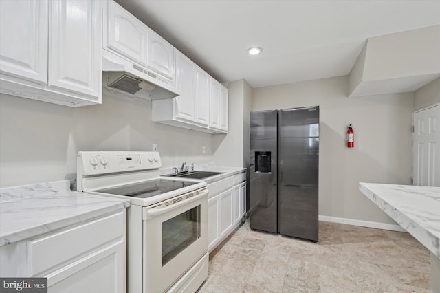 kitchen featuring white range with electric cooktop, stainless steel refrigerator with ice dispenser, white cabinetry, and under cabinet range hood