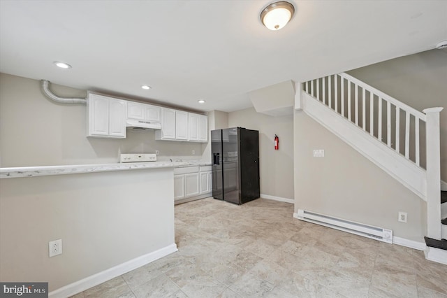 kitchen featuring a baseboard radiator, under cabinet range hood, white cabinetry, light countertops, and stainless steel refrigerator with ice dispenser