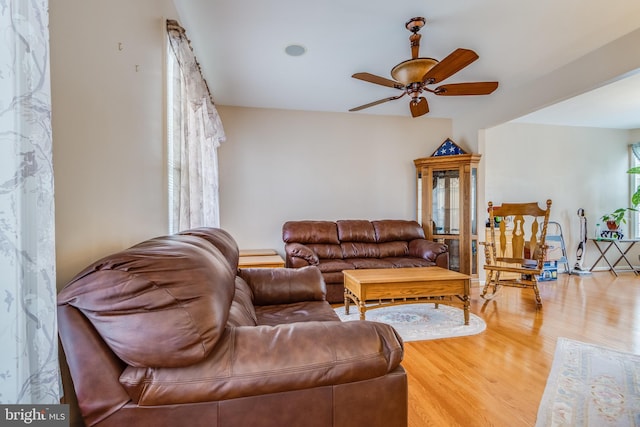 living area featuring a ceiling fan and wood finished floors