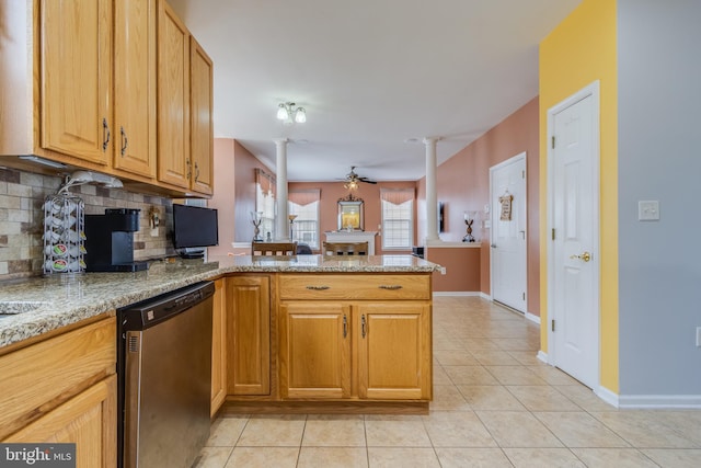 kitchen featuring decorative columns, decorative backsplash, dishwasher, a peninsula, and light tile patterned flooring