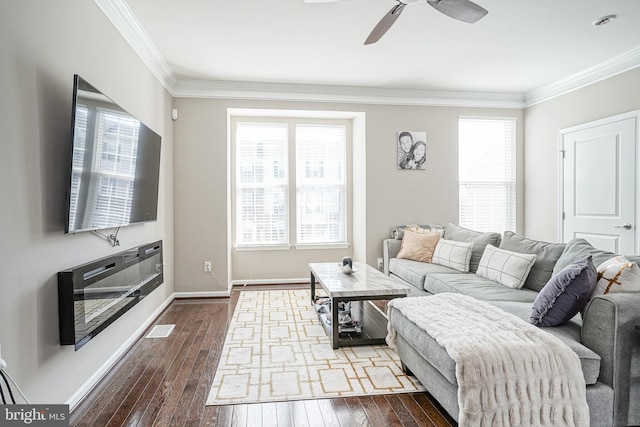 living room featuring visible vents, a healthy amount of sunlight, dark wood-type flooring, and ornamental molding