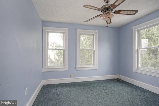 carpeted spare room with a healthy amount of sunlight, a textured ceiling, and baseboards