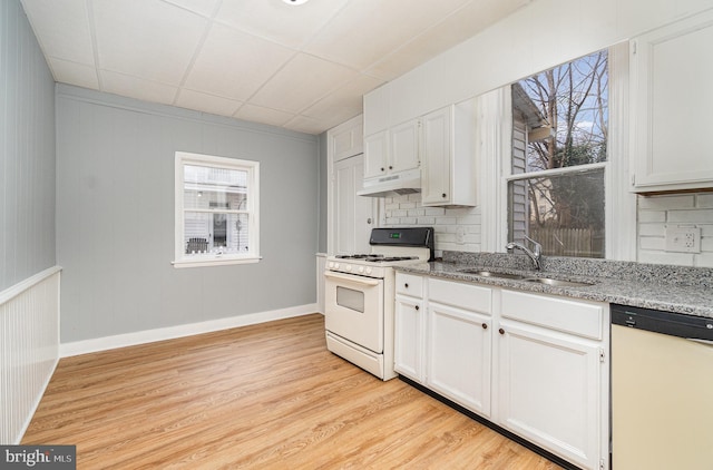 kitchen with white appliances, decorative backsplash, light wood-style flooring, under cabinet range hood, and a sink