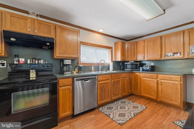 kitchen featuring under cabinet range hood, light wood-style flooring, a sink, and appliances with stainless steel finishes