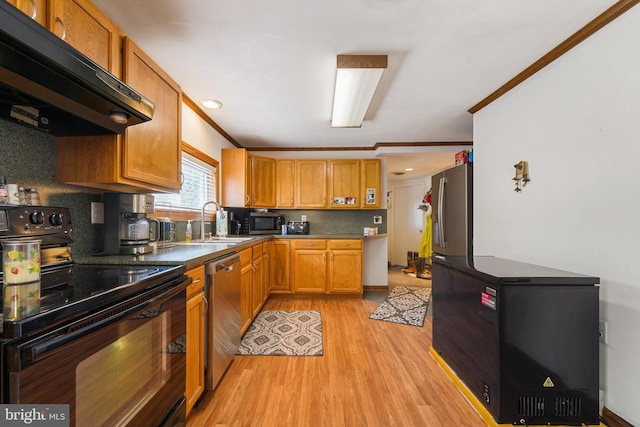 kitchen with light wood-type flooring, ornamental molding, appliances with stainless steel finishes, under cabinet range hood, and a sink