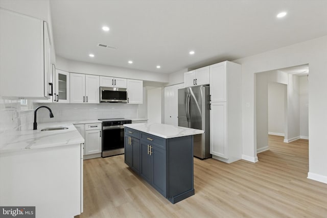 kitchen with stainless steel appliances, a sink, white cabinetry, light wood finished floors, and tasteful backsplash