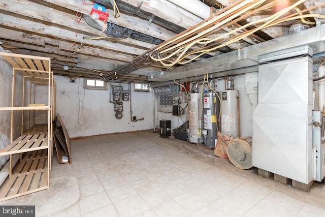 below grade area with water heater and heating unit