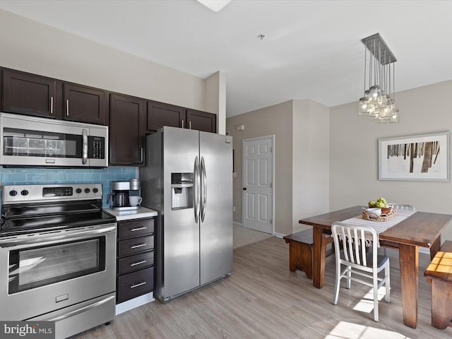 kitchen with light wood-style flooring, dark brown cabinets, appliances with stainless steel finishes, pendant lighting, and tasteful backsplash