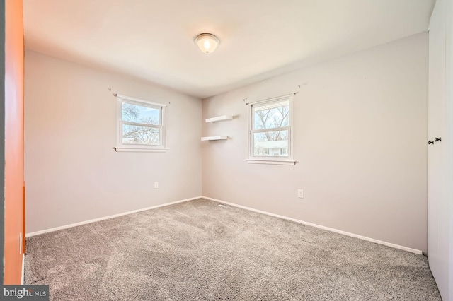 spare room featuring a wealth of natural light, baseboards, and carpet