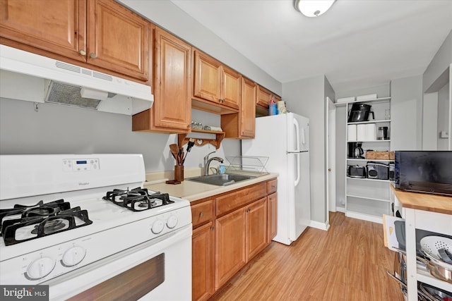 kitchen featuring light wood-type flooring, a sink, open shelves, under cabinet range hood, and white appliances