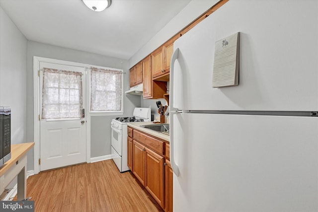 kitchen with white appliances, brown cabinetry, light wood finished floors, light countertops, and under cabinet range hood