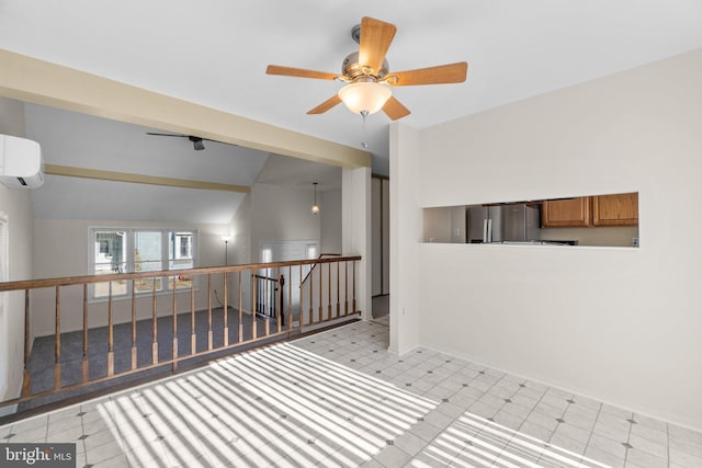 hall featuring tile patterned floors, lofted ceiling, an AC wall unit, and an upstairs landing