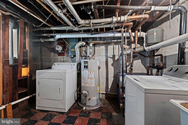 unfinished below grade area with gas water heater and washing machine and clothes dryer