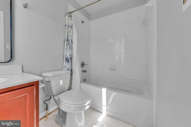 full bath with shower / bath combination with curtain, vanity, tile patterned flooring, and toilet