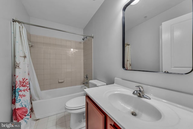 bathroom with vanity, shower / bathtub combination with curtain, toilet, and tile patterned floors