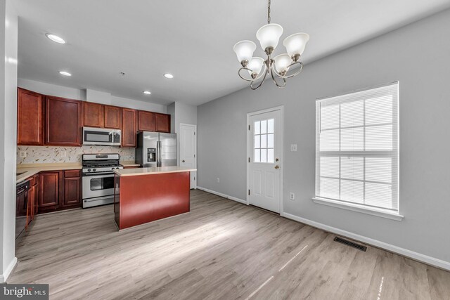 kitchen featuring stainless steel appliances, light countertops, visible vents, backsplash, and a kitchen island