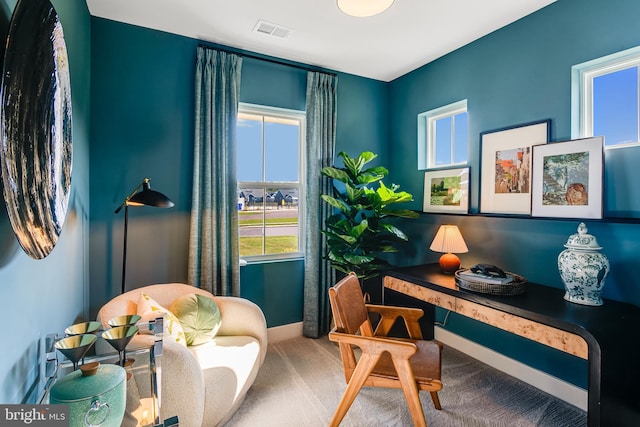 carpeted home office featuring visible vents and baseboards