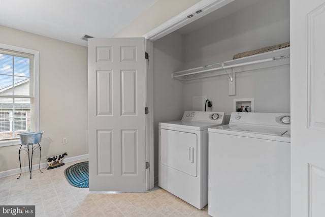 washroom featuring laundry area, washing machine and clothes dryer, visible vents, and baseboards