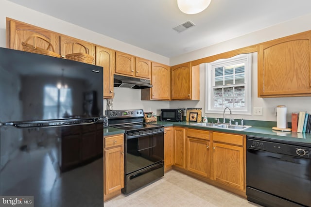 kitchen with under cabinet range hood, a sink, visible vents, black appliances, and dark countertops