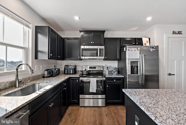 kitchen featuring stainless steel appliances, a sink, and dark cabinets