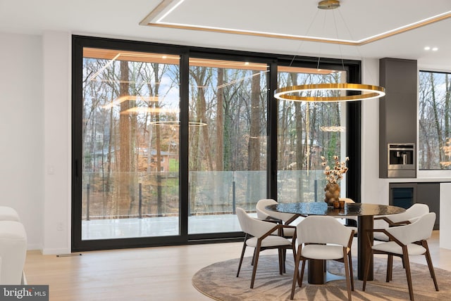 dining room with wood finished floors and floor to ceiling windows