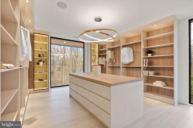 spacious closet with a chandelier and light wood-style flooring