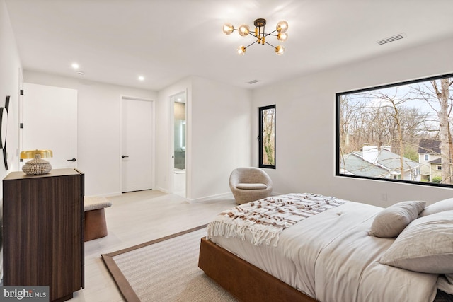 bedroom with a chandelier, recessed lighting, visible vents, and baseboards