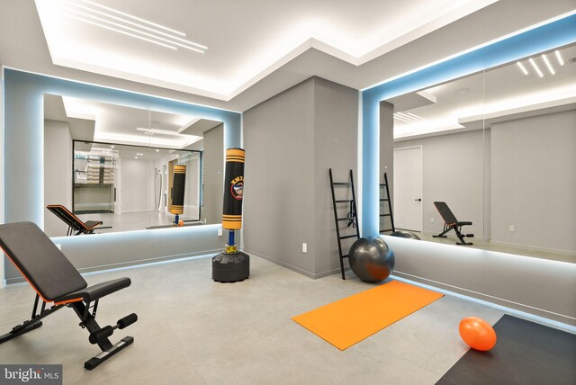 exercise room featuring a raised ceiling and baseboards