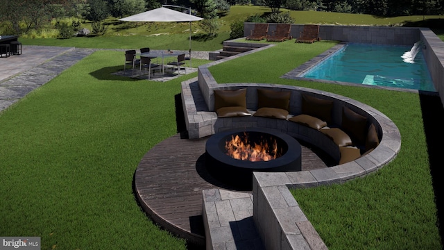 exterior space featuring a fire pit, a lawn, and a patio