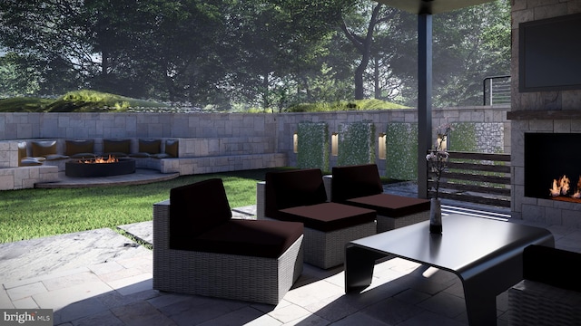 view of patio / terrace featuring an outdoor living space with a fireplace and fence