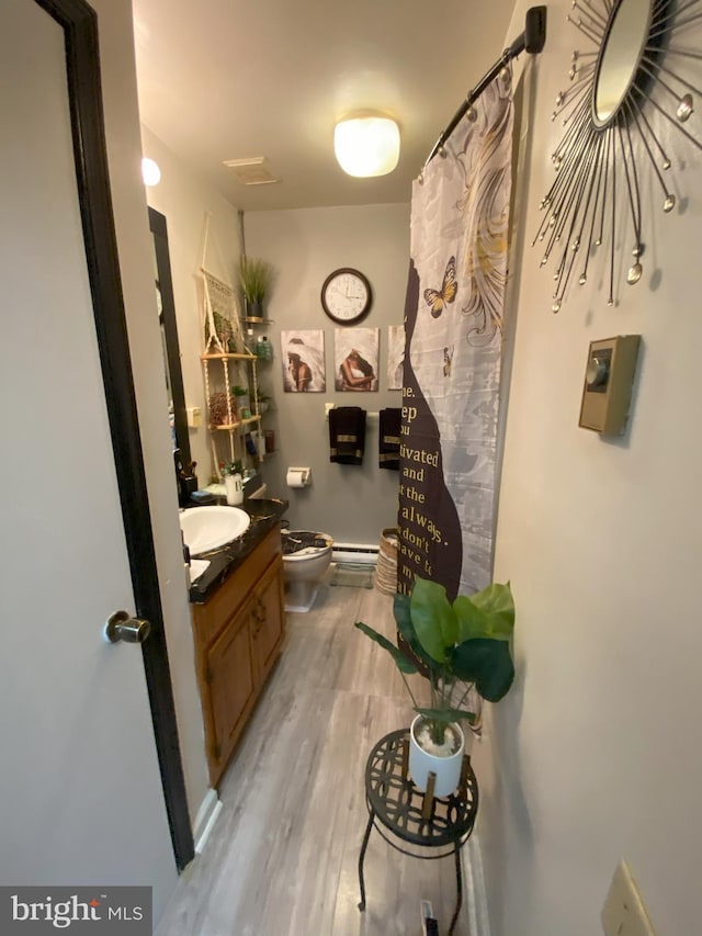 hall featuring a baseboard heating unit, light wood finished floors, and a sink