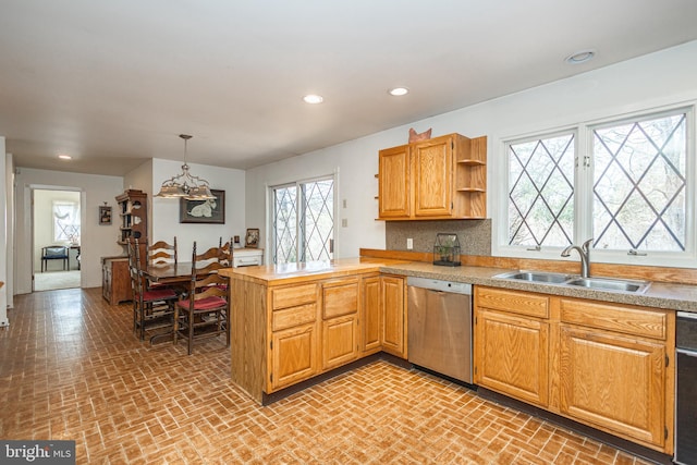 kitchen featuring a sink, open shelves, recessed lighting, a peninsula, and dishwasher