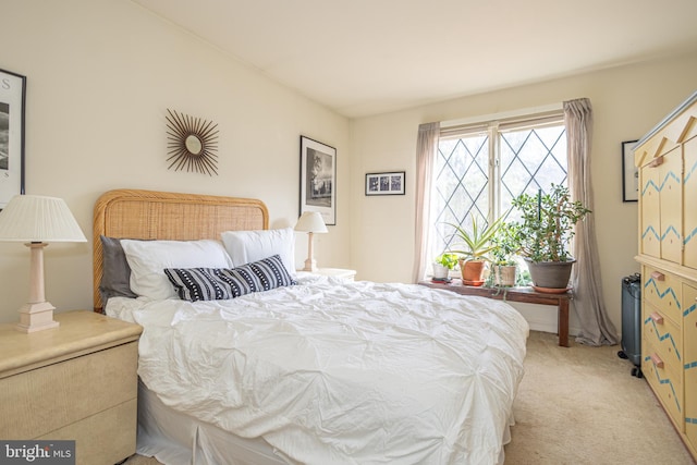 bedroom featuring light carpet