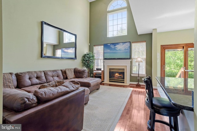 living area featuring a towering ceiling, a wealth of natural light, hardwood / wood-style floors, and a glass covered fireplace