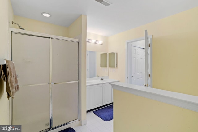 full bath featuring a shower stall, visible vents, and vanity