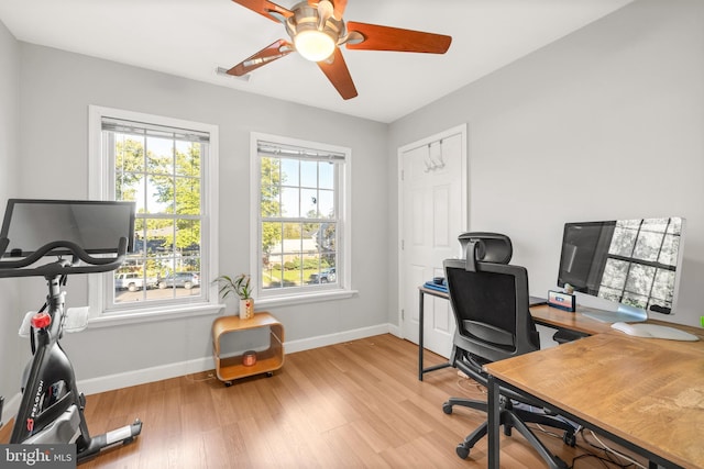 office with ceiling fan, light wood-type flooring, visible vents, and baseboards