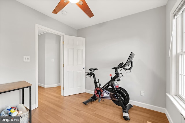 workout area with ceiling fan, baseboards, and wood finished floors