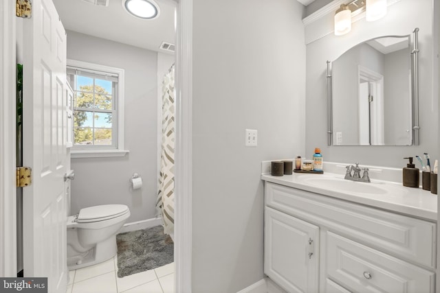 full bathroom with toilet, visible vents, baseboards, vanity, and tile patterned floors