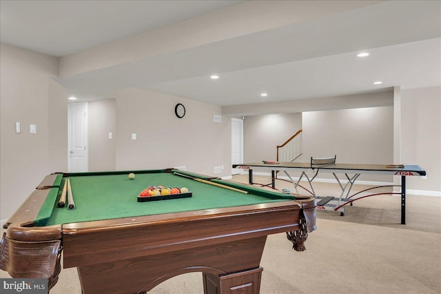 game room featuring carpet floors, pool table, baseboards, and recessed lighting