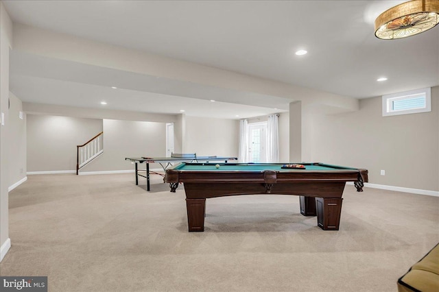 playroom featuring recessed lighting, pool table, light carpet, and baseboards