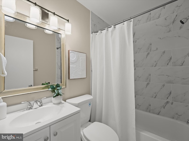 full bathroom with shower / bath combo with shower curtain, toilet, and vanity