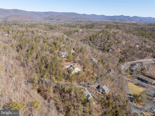 birds eye view of property featuring a forest view and a mountain view