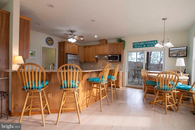 kitchen featuring tasteful backsplash, appliances with stainless steel finishes, light wood-style floors, a peninsula, and under cabinet range hood