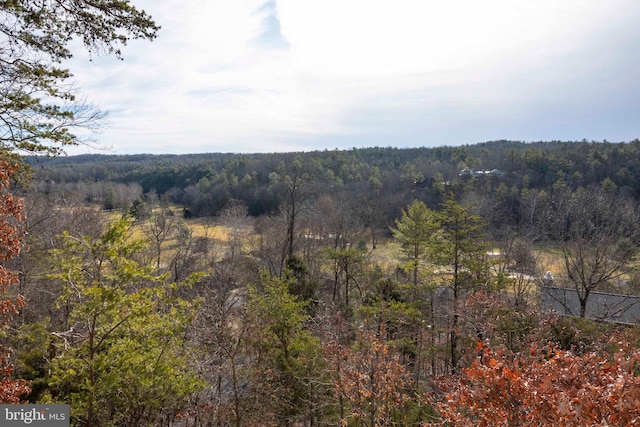 exterior space featuring a wooded view