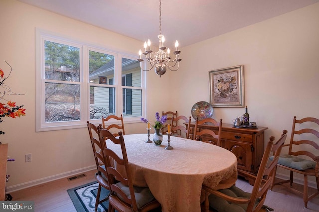 dining space featuring an inviting chandelier, wood finished floors, visible vents, and baseboards